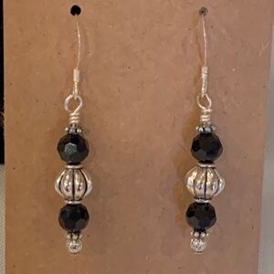 Sterling silver wire long dangle black bead drop victorian